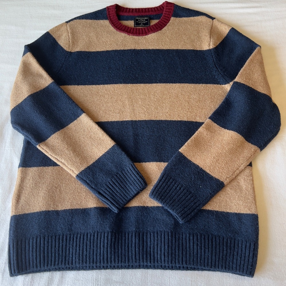 Abercrombie & Fitch Mens XL Heavyweight Striped Crewneck Sweater Navy Tan XL - Picture 6 of 11